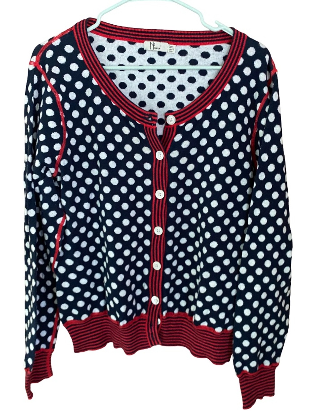 Neve navy blue white polka dot button down crew neck cotton cardigan size XXL